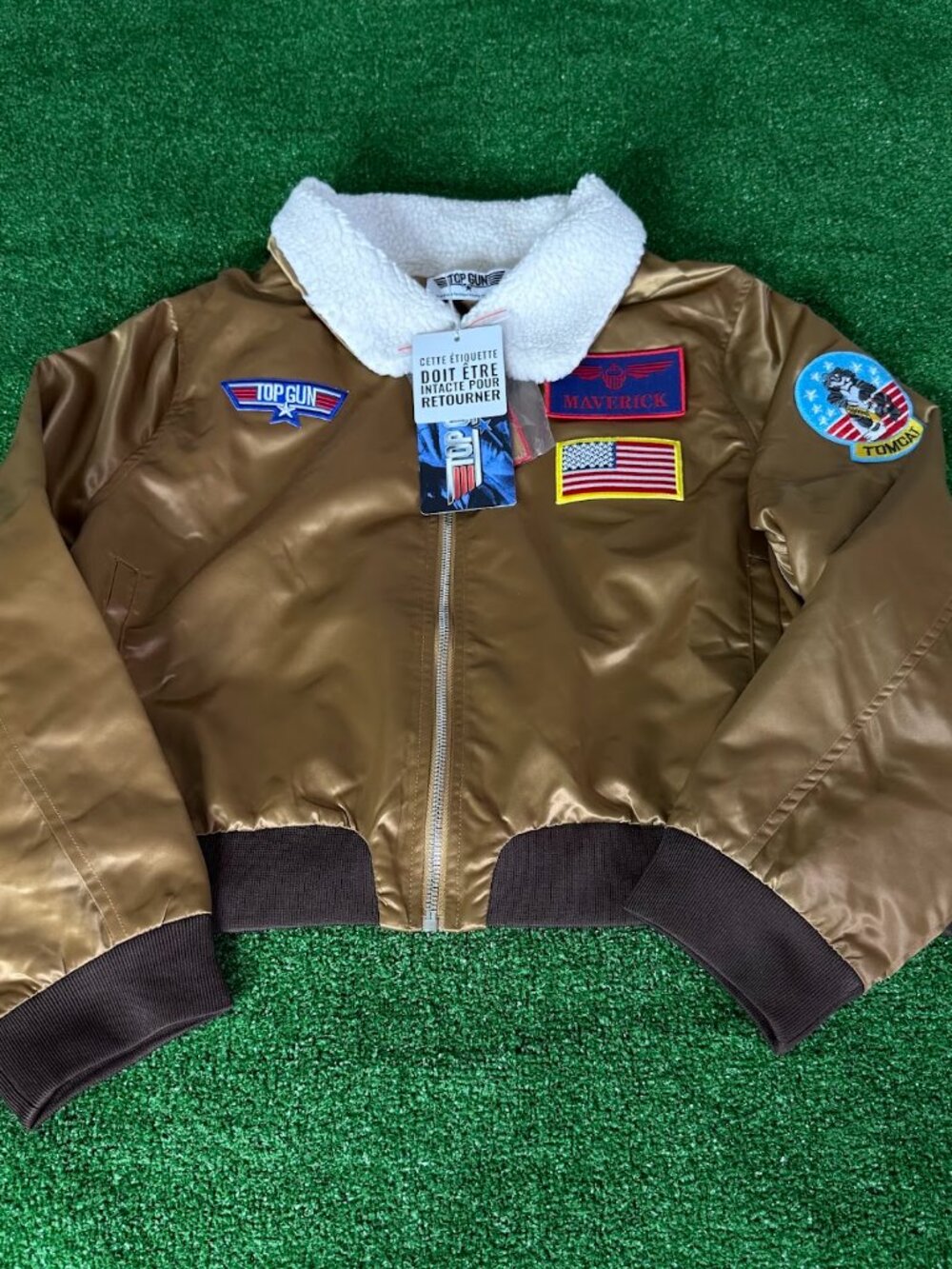 Top Gun Movie Costume Flight Jacket Satin Gold Sherpa Collar Patches 1XL NWT